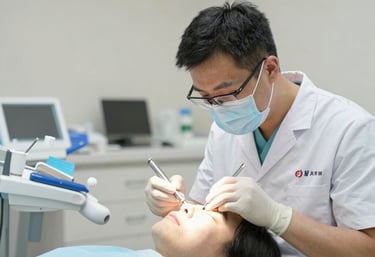 A professional consultation setting with a medical professional sitting at a desk facing a client. The room has a modern aesthetic with white walls decorated with framed certificates. The desk is organized with office supplies, a laptop, and a fruit bowl in the center.