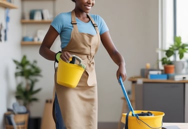 Photo of a smiling cleaner in uniform holding cleaning supplies.