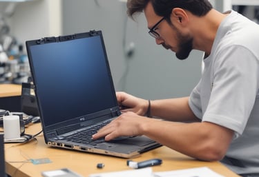 Technician carefully replacing a laptop screen in a bright workshop.