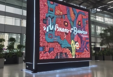 An outdoor advertising board is displayed on a brick wall with some trees partially obscuring it. The board features an illustration of a vintage television showing animated characters and a hand holding a remote control. Text in a foreign script is present on the left side of the billboard.