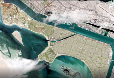 Aerial view of Al Hudayriyat Island Abu Dhabi waterfront