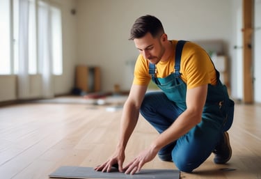 A person wearing protective gear including goggles, a face mask, and yellow rubber gloves is cleaning a window with a sponge in a well-lit room.