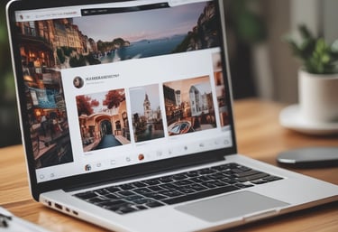 A person is holding a smartphone displaying a social media app, with various images on the screen. A camera and a disposable coffee cup are on a white surface nearby. The setting is well lit, creating a casual and focused atmosphere.