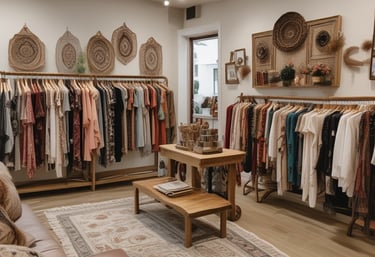 A cozy, warmly lit boutique or cafe with stylish clothes hanging on racks. There are round pendant lights and a decorative chalkboard. Floral arrangements adorn tables, and a person is seated and engaged in dining or working.