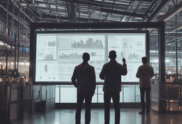 A close-up view of an industrial cutting machine in a manufacturing setting. There is a large control panel with numerical buttons, function keys, and a prominent red emergency stop button. The machine is processing a large sheet of material, likely for cutting or engraving. Overhead lighting and a computer monitor are visible in the background.