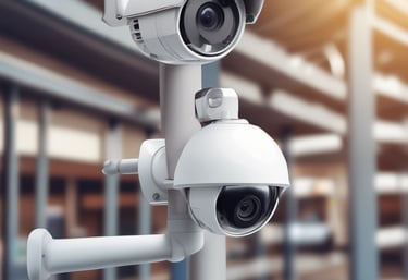 An extensive outdoor electrical substation features numerous transformers, circuit breakers, and metal structures interconnected by a grid of cables. The area is fenced, and the ground is covered in gravel. Overhead power lines are prominently visible along with high-voltage equipment.