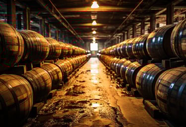 a row of barrels of wine barrels in a warehouse