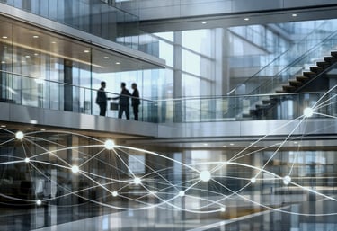 Ambiente corporativo executivos em interação, representando consultoria em comunicação estratégica