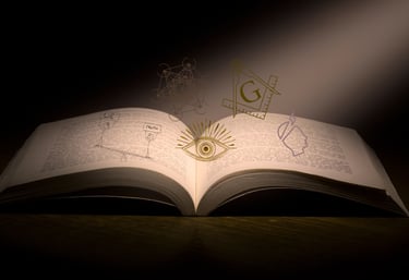 An open book under a spotlight with floating Masonic symbols, sacred geometry, and an all-seeing eye.