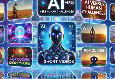 Futuristic digital interface with holographic screens showcasing AI-generated videos and creative st