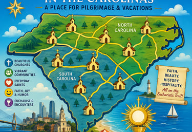 A cartoon style map of the Carolinas where the Catholic Roads team often goes on short pilgrimages.