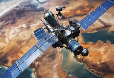 A drone hovers in a cold, icy landscape, surrounded by large chunks of ice and a partially frozen body of water. The sky is overcast and the horizon features a line of dark, rugged mountains.
