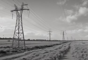 Aerial view of expansive rural land with visible power lines and highways cutting through.