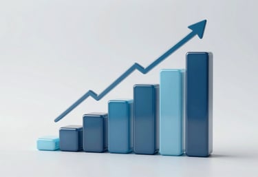 A stylized 3D bar chart showing upward growth, sleek glass texture, using the #21364F and #6C8CA3 palette, clean professional look.