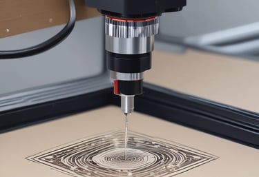 A laser cutter is in operation, with a beam slicing through a sheet of material placed on a cutting bed. The metallic nozzle of the machine is visible, directing the laser precisely along the edge.