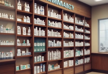 A metal sign with blue lettering indicating the direction to a pharmacy. The background is slightly blurred, showing pavement and some indistinct buildings and vehicles.