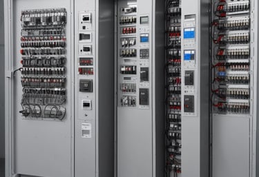 An electrical control panel is mounted on a textured gray wall. The panel consists of two units: one is a smaller beige box with a window displaying internal components, and a warning sign with Chinese characters and a lightning bolt symbol. The other box is larger, white, and features an illustration of a cartoon character wearing a helmet and armor, riding a skateboard in a dynamic pose.