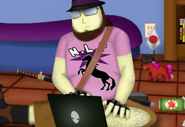 Neckbeard in a fedora sitting in front of his laptop in a dirty room
