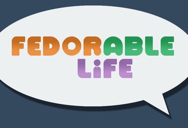 Speech bubble with the game logo Fedorable Life in the center