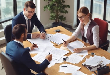 A professional consultation setting with a medical professional sitting at a desk facing a client. The room has a modern aesthetic with white walls decorated with framed certificates. The desk is organized with office supplies, a laptop, and a fruit bowl in the center.