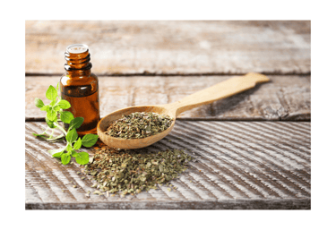 a wooden spoon with oregano and a brown glass bottle with an essential oi