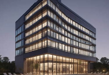 A multi-story building with numerous windows and air conditioning units lining the walls. The structure has a corrugated rooftop, and solar panels are visible in the foreground. The scene includes surrounding greenery and trees, with a view extending to distant housing structures under a partly cloudy sky.