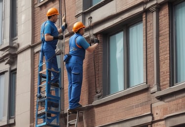 A person wearing bright orange work clothes is cleaning indoors, holding a mop. They have a fanny pack and are walking toward a tiled wall.