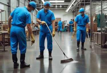 A person wearing bright orange work clothes is cleaning indoors, holding a mop. They have a fanny pack and are walking toward a tiled wall.