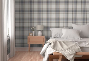 Coastal cozy plaid bedroom wallpaper in Grey, Dusty blue and earthy brown colours.