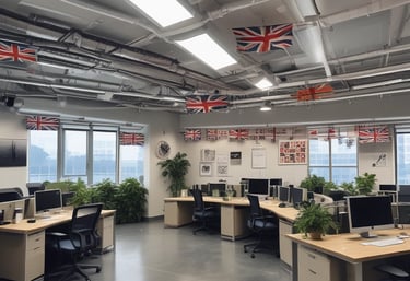 A modern office space with rows of desks, each equipped with computer monitors and office chairs. There are Indian flags hanging from the ceiling. The desks have various items on them, including sticky notes, water bottles, and some personal items. Plants are hanging from the ceiling, adding a touch of greenery. The word 'swipe' is displayed on the wall.