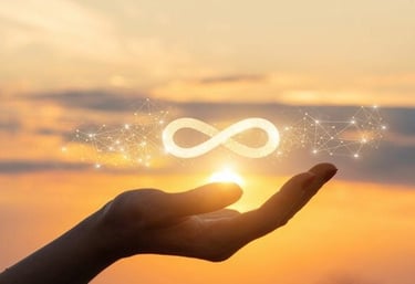 e signe de l’infini lumineux entouré de connexions énergétiques.