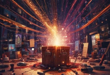 A virtual reality headset floating above a circular platform is illuminated by a spotlight. The surrounding area is dark, highlighting the sleek design of the device.