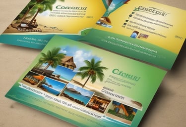 Two graphic print materials rest on a dark gray surface. One appears to be a folded booklet featuring bold red text and an abstract razor blade design with white and black wavy lines. The other is an unfolded brochure with information, elegant white typography against a black background, and illustrations, including event details and dates.