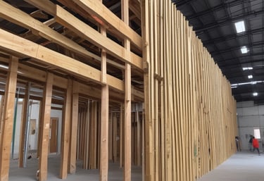 A large construction crane with caterpillar tracks is positioned on a wooden platform, surrounded by construction materials and dirt. The yellow and black striped pattern on the crane's counterweight is prominent. In the background, there are residential buildings and trees under a clear sky.