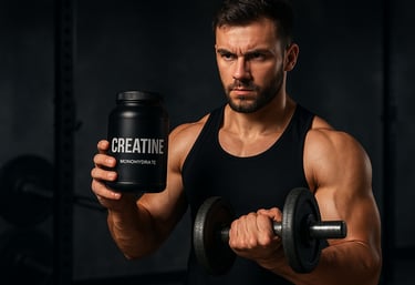 Homem musculoso segurando suplemento de creatina durante treino, simbolizando dedicação e performanc