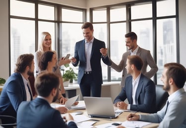 A man and a woman are collaborating in a modern office setting. The man, wearing a colorful sweater with a recognizable tech logo, is enthusiastically placing sticky notes on a whiteboard wall. The woman looks on thoughtfully. The room has a ceiling with fluorescent lighting, and there's a window in the background.