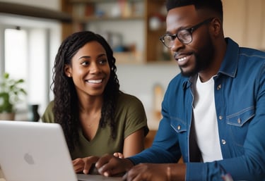 A friendly consultant discussing options with a client over a laptop.