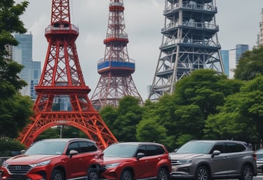 A modern showroom displaying various imported cars and SUVs.