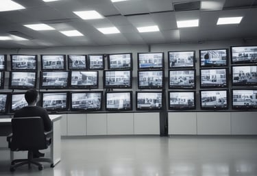 a man sitting at a desk with a lot of monitors