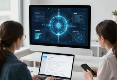 A team collaborating over laptops surrounded by smart devices in a modern office.