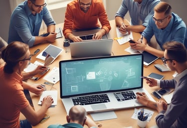 a group of people sitting around a table with laptops