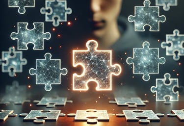 Abstract image of glowing puzzle pieces representing innovation, connection, and inclusion 