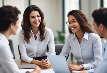Two women are standing confidently with their arms crossed in a professional setting. They are dressed in business attire, consisting of blazers and light-colored tops. The background includes a whiteboard with some faint text written on it.