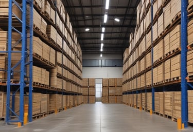 A delivery truck parked outside a distribution center, ready for loading and dispatch.