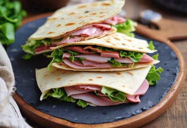 A freshly made piadina filled with quality ingredients, served on a rustic wooden table.