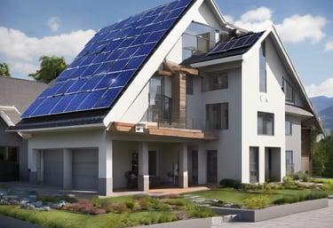 a red house with solar panels on the roof
