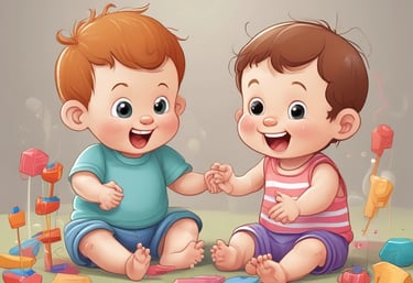 A young child is gently holding a toddler who is wearing a diaper and holding a small red toy. They are standing on a wood floor in a cozy living room with a gray couch and a patterned rug in the background. Sunlight filters through a nearby window, casting soft shadows.