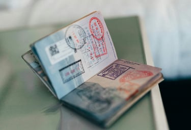 Passport's visa page is open and a lot of visa stamps are there