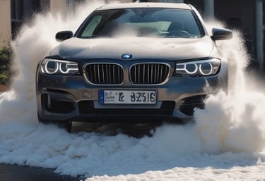 A close-up view of a car being washed with a stream of water directed at the front. The water creates a misty effect as it hits the car's surface, which is glossy and dark in color. The image highlights the car's headlight and the smooth contours of its body.