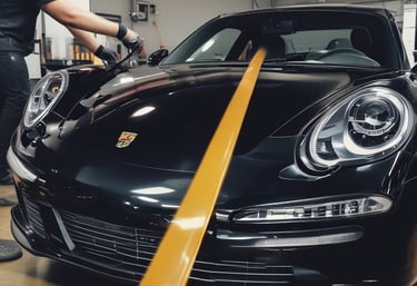 A man is carefully polishing a black car with a buffer in a garage setting. The focus is on his concentration and the shiny surface of the vehicle. He is seated on a small rolling stool to comfortably reach the side of the car.